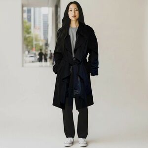 Very J Black Trench Coat ruffle drape size medium vintage Y2K